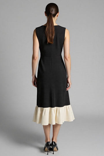 Black Satin A Line Jewel Neck Midi Work Dress with Ruffles